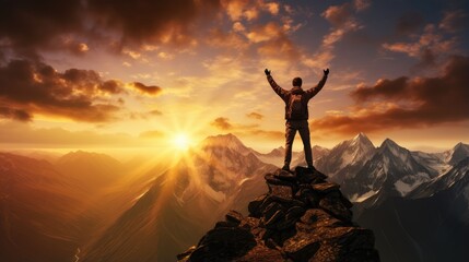 determined person reaching the top of a rugged mountain. His hands are raised triumphantly to the sky, emphasizing a sense of accomplishment and a positive attitude.