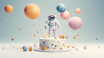 Birthday party with a colorful delicious cake and a little astronaut who won his birthday in space. Balloons, confetti and fun. 