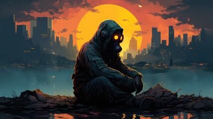 Poster - A man in a gas mask sitting on the ground in front of a city, AI