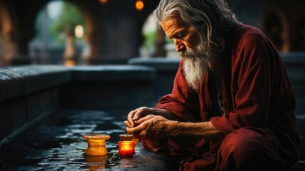 Wall Mural - An old man with a long beard lighting a candle, AI