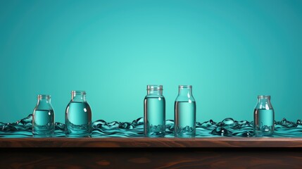 Wall Mural - A row of empty bottles on a table with blue water, AI