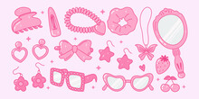 Pink Glamour Pack Of Y2k Trendy Accessories With Hearts, Stars, Rhinestones, Diamonds. Earrings, Necklace, Sunglasses, Pin. Teen Girl Of 90s 2000s Aesthetic. Cute Nostalgia Vector Stickers