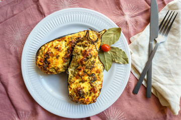 Wall Mural - Eggplants stuffed with meat and vegetables and baked au gratin with cheese