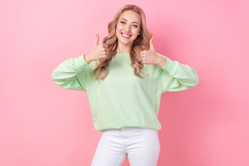 Sticker - Photo of optimistic girl showing thumb up symbol good job cool recommendation double feedback sale outfit isolated on pink color background