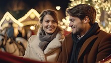 Happy couple taking a horse-drawn carriage ride in Christmas lights, romantic holiday outing, festive carriage tour