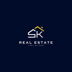 Wall Mural - modern SK letter real estate logo in linear style with simple roof building in blue