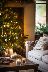 Christmas, holiday decor and country cottage style, cosy atmosphere, decorated Christmas tree in the English countryside house living room with fireplace, interior decoration