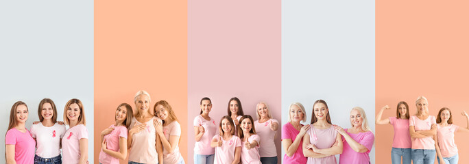 Wall Mural - Set of many women with pink ribbons on color background. Breast cancer awareness concept