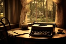 Typewriter On The Table. Writer.
