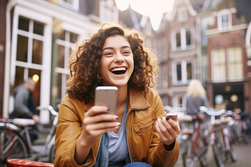 Smiling young traveler taking selfie enjoying european summer vacation. Generative AI