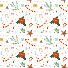 Christmas Candy Cane Pattern, Floral Leaves, Berries, Snowflakes, Stars, Fir Branches Elements On White Background. Vector Winter Holiday Repeat Background. Cute Xmas Wallpaper, Wrapping Paper, Fabric