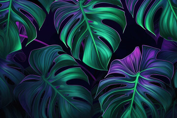 Wall Mural - Abstract background with neon colored monstera leaves. Tropical exotic plants with ultraviolet lighting