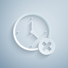 Sticker - Paper cut Clock delete icon isolated on grey background. Time symbol. Paper art style. Vector