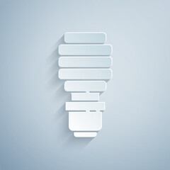 Poster - Paper cut LED light bulb icon isolated on grey background. Economical LED illuminated lightbulb. Save energy lamp. Paper art style. Vector