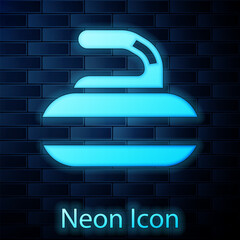 Sticker - Glowing neon Stone for curling sport game icon isolated on brick wall background. Sport equipment. Vector