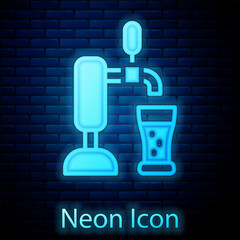 Sticker - Glowing neon Beer tap with glass icon isolated on brick wall background. Vector