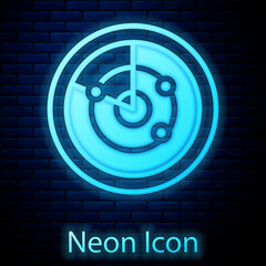 Poster - Glowing neon Radar with targets on monitor in searching icon isolated on brick wall background. Search system. Navy sonar. Vector