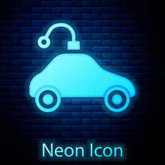 Canvas Print - Glowing neon Radio controlled car toy icon isolated on brick wall background. Control remote car toy. Vector