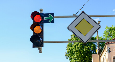 View of traffic lights with road signs in city, closeup