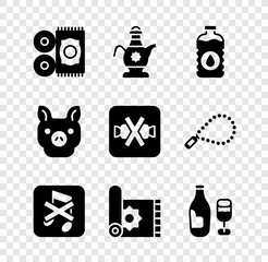 Wall Mural - Set Traditional carpet, Islamic teapot, Bottle of water, Speaker mute, Wine bottle with glass, Pig and No sweets icon. Vector