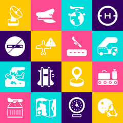 Poster - Set Modern pilot helmet, Conveyor belt with suitcase, Passenger ladder, Globe flying plane, Warning aircraft, No Smoking, Radar and Plane landing icon. Vector