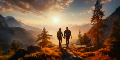 Canvas Print - Couple hike along trail at sunrise, mountains