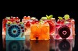 Colorful delicious jelly cakes, Fruit cocktails in jelly cubes on a black background, Close-up, jelly pudding, colorful gelatin dessert