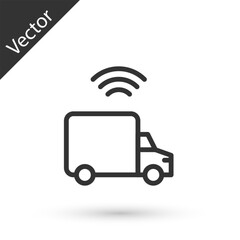 Poster - Grey line Smart delivery cargo truck vehicle with wireless connection icon isolated on white background. Vector