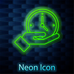 Poster - Glowing neon line Clock icon isolated on brick wall background. Time symbol. Vector