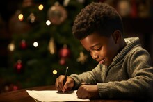 Little Black Boy Writing Letter To Santa, Wish List Of Presents For Christmas In Decorated Room