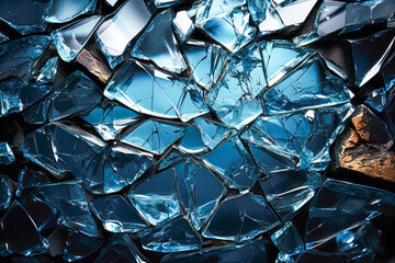 Broken glass on a dark blue background. Close-up.