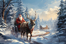 Santa Claus Rides In A Carriage Drawn By A Reindeer On The Background Of A Winter Landscape