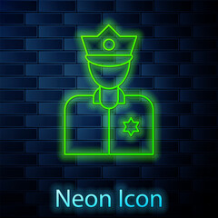 Poster - Glowing neon line Police officer icon isolated on brick wall background. Vector