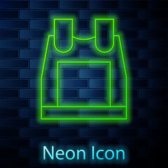 Poster - Glowing neon line Bulletproof vest for protection from bullets icon isolated on brick wall background. Body armor sign. Military clothing. Vector