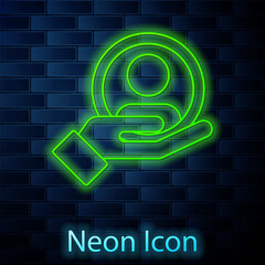 Sticker - Glowing neon line Hand for search a people icon isolated on brick wall background. Recruitment or selection concept. Search for employees and job. Vector