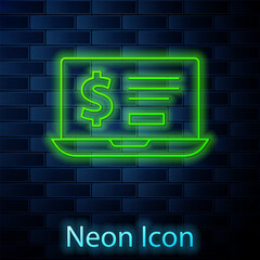 Sticker - Glowing neon line Laptop with dollar icon isolated on brick wall background. Sending money around the world, money transfer, online banking, financial transaction. Vector