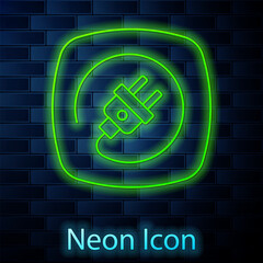 Poster - Glowing neon line Electric plug icon isolated on brick wall background. Concept of connection and disconnection of the electricity. Vector