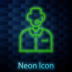 Sticker - Glowing neon line Football or soccer commentator icon isolated on brick wall background. Vector