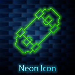 Sticker - Glowing neon line Skateboard icon isolated on brick wall background. Extreme sport. Sport equipment. Vector