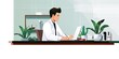 2D vector style illustration of a medical doctor (male) sitting at his desk in his office working on his laptop