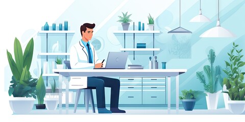 2D vector style illustration of a medical doctor (male) sitting at his desk in his office working on his laptop