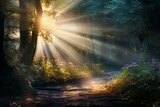 Fototapeta  - A ray of light shining through the enchanted forest. Generative AI