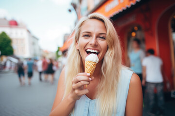 Wall Mural - Smiling young woman with ice cream having fun in amusement park Prater in Vienna