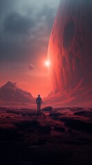 Wall Mural - A man standing in front of a red planet