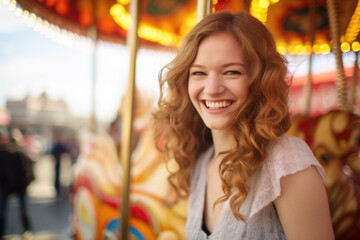 Wall Mural -  Smiling young woman having fun in amusement park Prater in Vienna