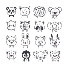 Animals. Doodle Illustration Of Bear, Wolf, Fox, Deer, Raccoon, Hare, Panda, Fox, Lion, Koala, Owl, Hippo, Mouse For Cards, Magazins, Banners. Vector Illustration 