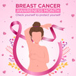 Banner del Día Internacional de lucha contra el Cáncer de mama, con listón rosa y ilustración de mujer con pechos