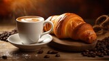 Fototapeta Mapy - a mug of aromatic coffee on the table with a croissant.