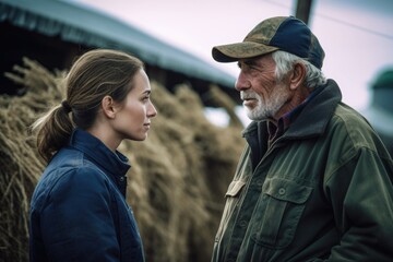 shot of two people having a discussion about something on a farm