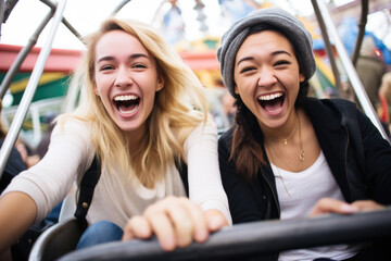  Happy young friends having fun in amusement park Prater in Vienna